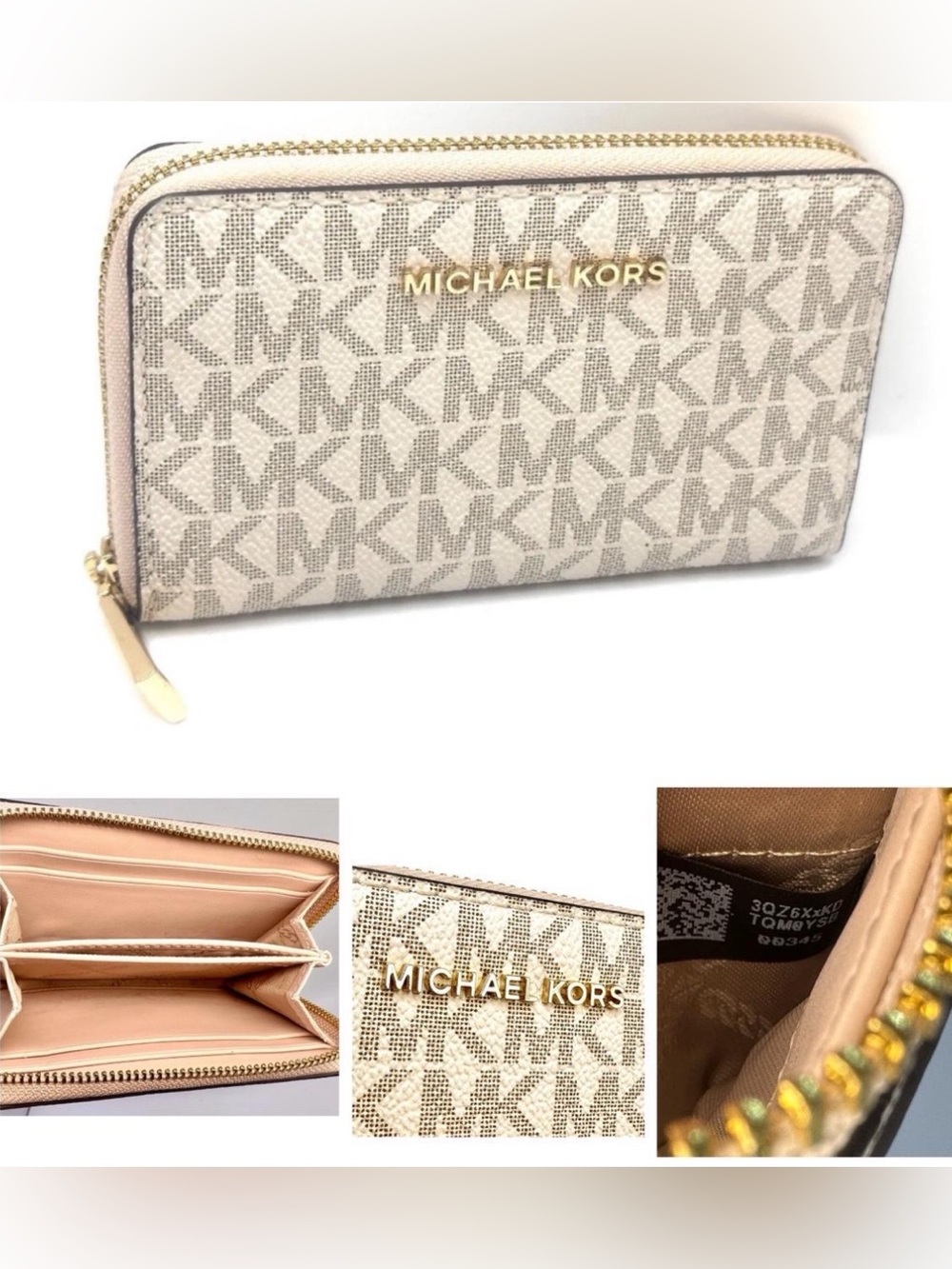 Authentic Michael Kors Leather Canvas Zip Around Compact Wallet Very Good